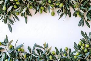 Fresh Green Olives and Branches Frame on White Background Perfect for Culinary, Beauty, or Wellness Designs. photo