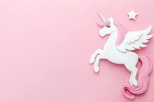 Pink Unicorn with Wings and Star Paper Craft Design on Pastel Background. photo