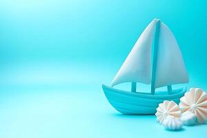 Miniature Sailboat and Pastel Meringues on a Light Blue Background Summertime Serenity. photo