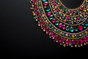 Luxurious Multicolored Gemstone Statement Necklace on Black Background. A stunning close-up showcasing vibrant jewel tones and intricate design details. photo