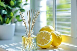 Reed Diffuser with Lemon Scent on Windowsill, Fresh Home Fragrance. photo