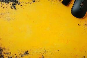 Vibrant Yellow Background with Computer Mouse and USB Drive. A cheerful, minimalist workspace image perfect for technology or productivity themes. photo