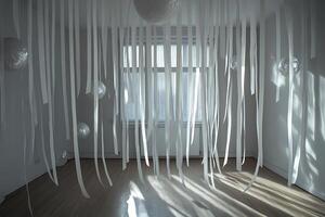 White Ribbons and Light Globes in a Minimalist Interior. An artistic installation featuring hanging paper strips and translucent spheres. photo