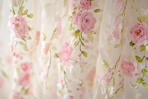 Delicate Pink Rose Floral Fabric Texture Soft, Draped Cream Material with Embroidered Blooms. photo