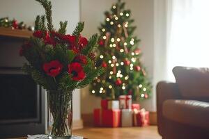 Festive Red Poppies and Fir Arrangement in Glass Vase, Christmas Interior Background. photo