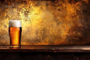 Cold Beer on Rustic Wooden Table Against a Grunge Background. A refreshing pint of beer with condensation sits on a dark wooden surface with a textured golden wall in the background. photo