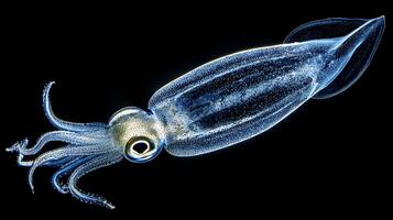 Translucent Squid with Bioluminescent Spots Against a Deep Black Background. photo