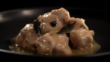 Savory Braised Chicken with Sage and Peppercorns on a Dark Plate. photo