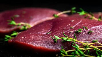 Raw Meat Steak Seasoned with Fresh Herbs and Spices photo