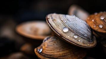 Water Drops on Wet Shells Reflecting Light, Nature Macro Shot. photo