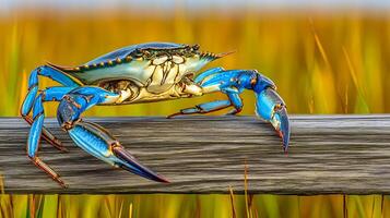 Vibrant Blue Crab Sits Proudly on Weathered Wood in Golden Reeds. photo
