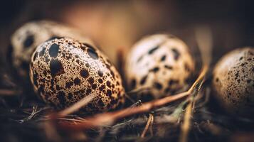 Close Up Of Speckled Bird Eggs Resting In A Natural Nest. photo