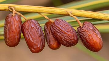 Ripe Dates Hanging on a Branch in Warm Sunlight. photo