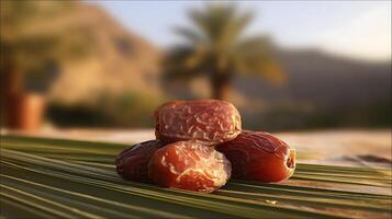 Fresh Dates on a Palm Leaf with a Desert Mountain Background. photo
