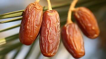 Close Up of Ripe Dates Hanging on a Branch Outdoors. photo