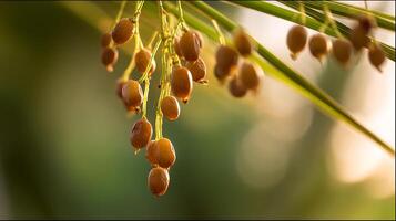Golden Dates Hanging From Palm Branch in Soft Sunlight. photo