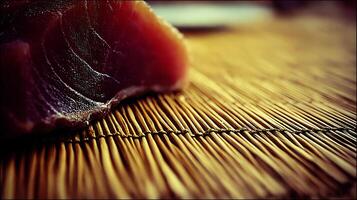 Close up on Fresh Tuna Slice Ready for Sushi Presentation. photo