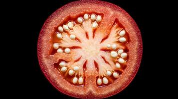 Vibrant Red Tomato Slice with White Seeds Against a Dark Background. photo