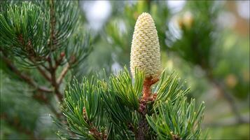 Young Pine Cone Emerging Amidst Lush Green Needles in Sunlight. photo