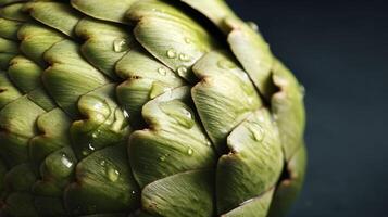 Dew Drops on Fresh Artichoke Leaves Close Up Macro Shot. photo