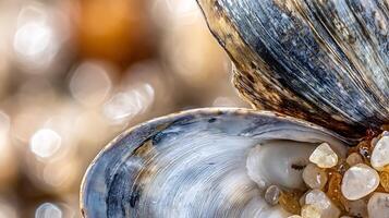 Close up Of Seashell Interior And Pebbles With Soft Light. photo