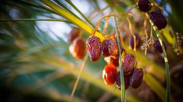 Ripe Dates Hanging from a Palm Tree in Soft Sunlight. photo