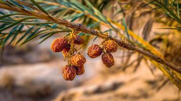 Ripe Dates Hang Heavy on a Sunlit Palm Branch in the Desert. photo