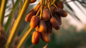 Ripe Dates Hanging on Palm Tree Branch in Golden Sunlight. photo