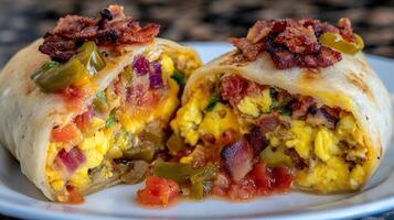 Hearty Breakfast Burrito Packed with Eggs, Bacon, and Peppers. photo