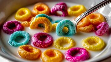 Brightly Colored Cereal Rings Floating in Milk with a Spoon. photo