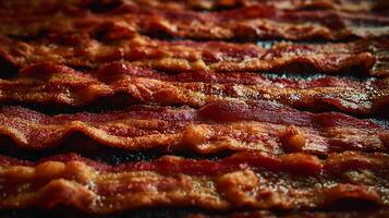 Close Up Macro Shot of Perfectly Cooked Crispy Bacon Strips. photo