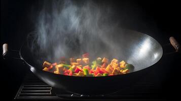 Tofu and Veggies Sizzle with Steam in a Wok photo