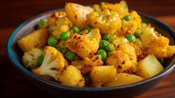 Close-up of a flavorful Indian Gobi Matar dish with potatoes and peas. photo