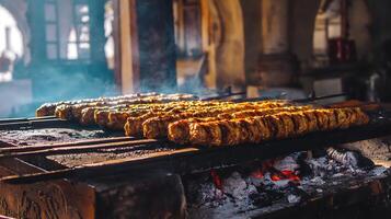 Sizzling Kebabs Grill Over Hot Coals with Wisps of Smoke. photo
