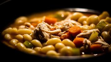 Savory Chicken Soup with Beans and Vegetables, Close Up Shot. photo
