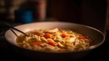 A Warming Bowl of Classic Chicken Noodle Soup on a Dark Evening. photo