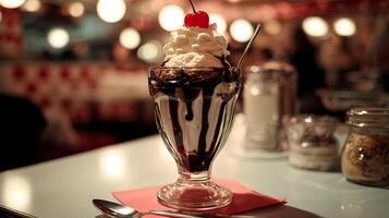 Indulgent Dessert Sundae with Cherry and Creamy Topping. photo