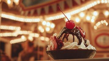 Indulgent Ice Cream Sundae with Cherry on Top, Festive Lights Background. photo