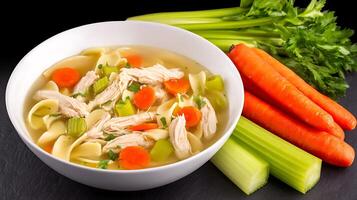 A Hearty Bowl of Chicken Noodle Soup with Fresh Vegetables. photo