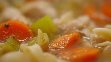 Comforting Chicken Noodle Soup with Carrots and Celery, Close Up. photo