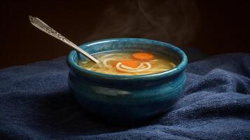 Steaming Bowl of Chicken Noodle Soup with Spoon and Carrots. photo