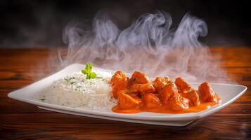 Steaming Hot Butter Chicken Served with Basmati Rice on a Wooden Table. photo