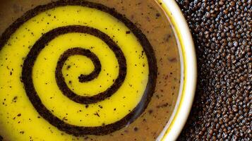 Close up of a Swirl of Yellow Sauce with Spices and Lentils. photo
