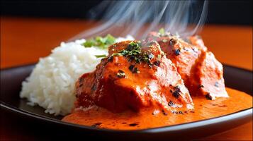 Steaming Delicious Chicken Tikka Masala Served with Fluffy White Rice. photo