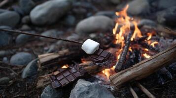 Roasting Marshmallows and Chocolate Over an Outdoor Campfire. photo