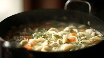 Hearty Chicken Noodle Soup Simmering in a Pot, Comfort Food Delight. photo
