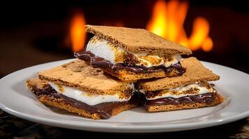 Warm Smores Stacked on Plate in Front of a Cozy Fireplace. photo