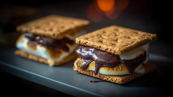 Two Delicious Smores Melting with Warm Chocolate and Gooey Marshmallow. photo