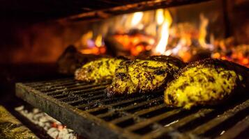 Savory Chicken Grilling Over Glowing Coals in a Fireplace. photo