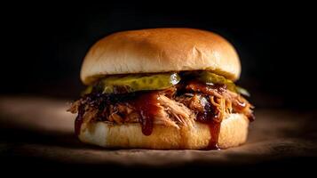 Juicy Pulled Pork Sandwich Dripping with BBQ Sauce and Pickles. photo